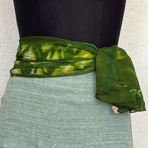 Vintage Green Tie Dye Scarf Rayon Triple Sheer Hand Rolled Made in Japan Boho